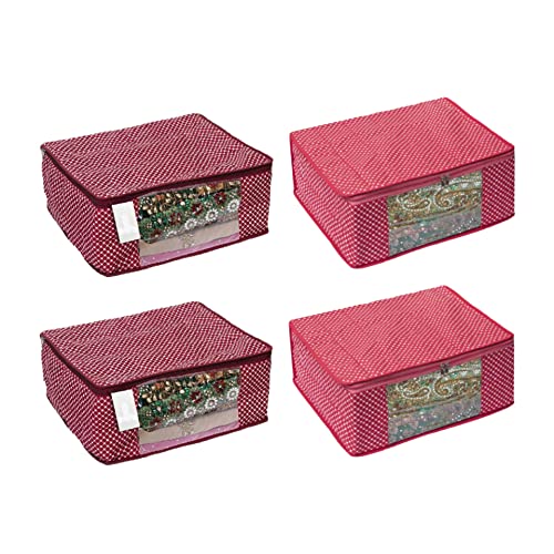 Image of Saree Bag|Wardrobe Organizer|Cotton Saree Cover Closet Orgnizer /Saree Bags For Wardrobe Orgnizer Clothe Covers |Saree Cover Set|Cotton Saree Cover (Pack of 4, Maroon + Pink)
