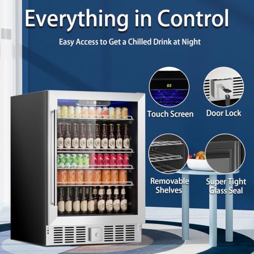 Image of DOGHLY 24 Inch Wine and Beverage Refrigerator, 182 Cans Built-in Cooler with Glass Door, Digital Temperature Control, LED Lighting, Adjustable Shelves, Freestanding Beer Fridge for Home, Bar, Office