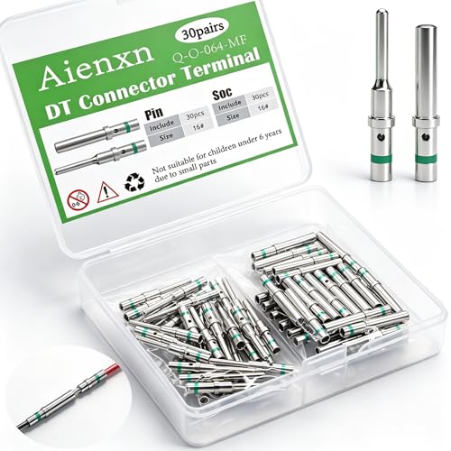 Aienxn 30 Pairs (60PCS) DT Pins Contact Size 16 Male Female Terminals DT Connector/Terminal Kit for Deutsch Connector 14-20 AWG Wire Gauge