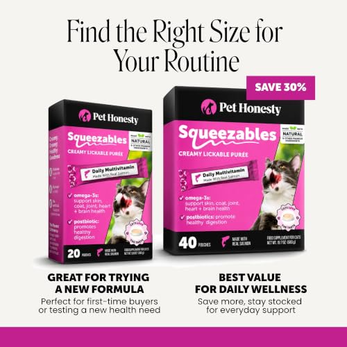 Image of Cat Multivitamin Lickable Treats - Squeezable Vitamin Puree Pouches for Cats - Daily Cat Vitamins with Postbiotics + Omega 3 Fish Oil for Gut + Immune Support, Skin Coat, Joint Health (Salmon, 40 Ct)