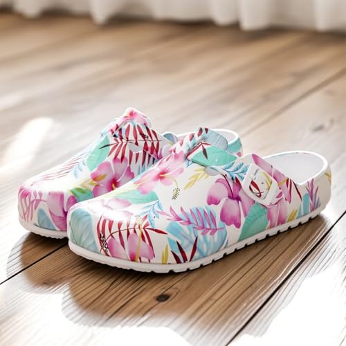 Image of Eliogn Women's Garden Clogs with Print, Waterproof Slip Resistant Work Clogs, Lightweight EVA Slip-On Mules, Cushioned Comfortable Shoes for Nurse, Chef, Kitchen, Beach