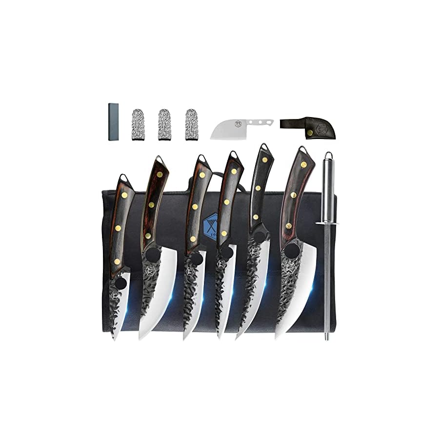 XYJ Professional Kitchen Knife Set with High-Carbon Steel Forged Blades, Chef's Knife, Cleaver, Carving Knife, Nakiri, Full Tang Design, Includes Carrying Bag & Poultry Scissors