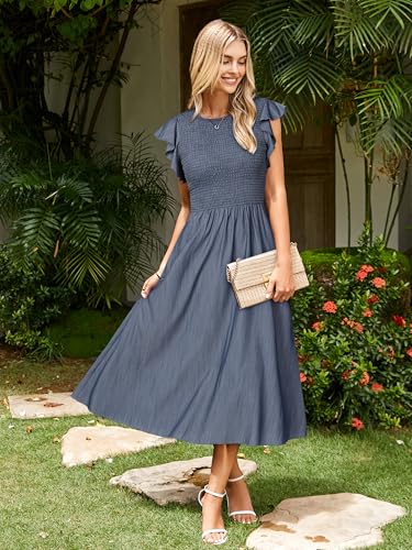 Image of Simplee Womens Striped Midi Summer Dress Linen Smocked Flutter Short Sleeve Dress Flowy Casual Dress with Pockets