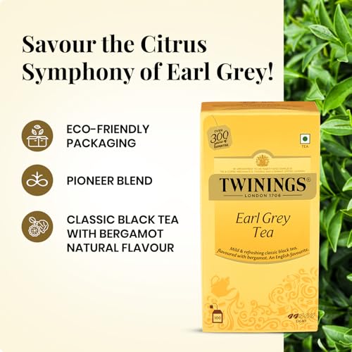 Image of Twinings Earl Grey Tea, 100 Tea Bags| Pack of 1| English Classic Range| Premium Black Tea| Light Strength| With Citrusy Notes of Bergamot|Mild & Refreshing Flavour| Enjoy as Hot or Iced Tea