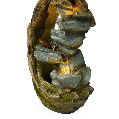 Alpine Corporation WIN1554S Outdoor Curved Trunk and Stone Floor Fountain with Warm White LED Lights, Tiered Garden Decor, 24" H, Brown - Image 9