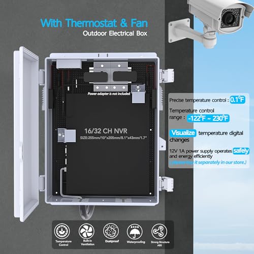 Image of Outdoor Electrical Box, Waterproof Electrical Junction Box IP65 ABS Plastic Enclosure with Fan & Thermostat, Mounting Plate and Hinged Lid (15.7 inch H x 11 inch L x 5.9 inch W)