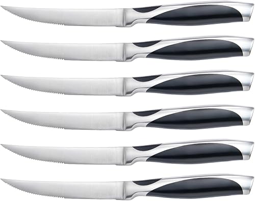 Juego de 6 cuchillos para carne forjados, cuchillas dentadas, cuchillo de carne de 5 pulgadas, juego de cuchillos negros, cuchillos para carne