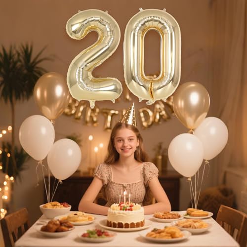 Image of Champagne Gold Large Number 20 Balloon, 40 Inch Light Gold Foil Helium Number Balloons, Giant Mylar Number 20 Balloons for 20 Years Old Birthday Party Anniversary Decorations (Champagne Gold 20)