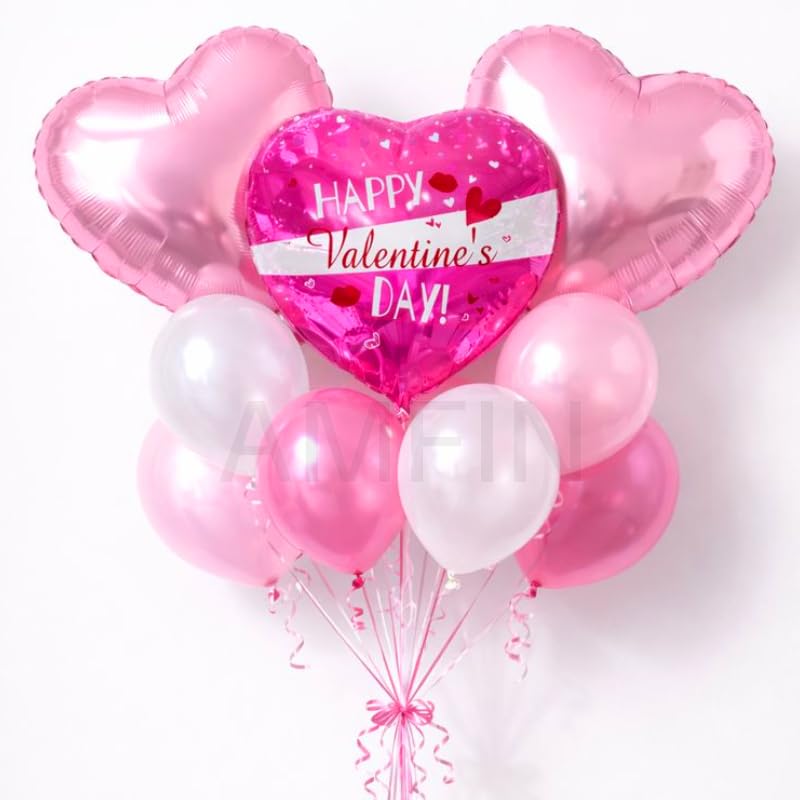 Image of AMFIN (Pack of 9) Happy Valentine's Day Balloon Decoration Set | Romantic Heart Foil Bouquet Metallic Helium Bunch Proposal Anniversary Celebration Party Decor - Pink White
