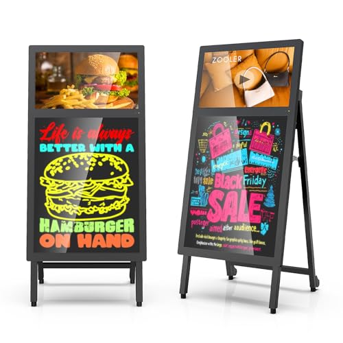 Image of Digital Signage Kiosk and LED Message Writing Board 2 in 1, 21.5 inch LCD 1080p Digital Menu Board Android OS, 8-Hour Battery Portable Standing Advertising Display for Restaurant /Cafe /Retail /Bar