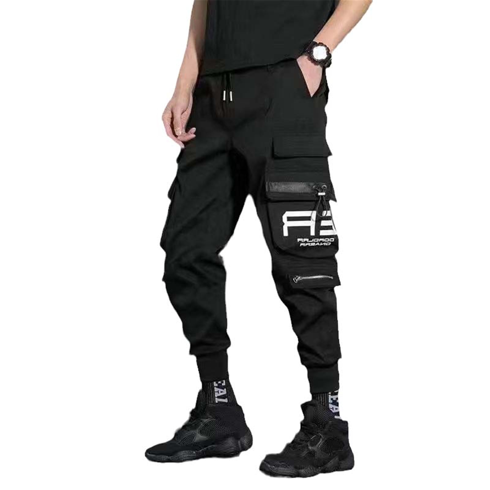 Casualowe wiosenne spodnie cargo dla mężczyzn, styl streetwearowy, z wstążkami i wieloma kieszeniami