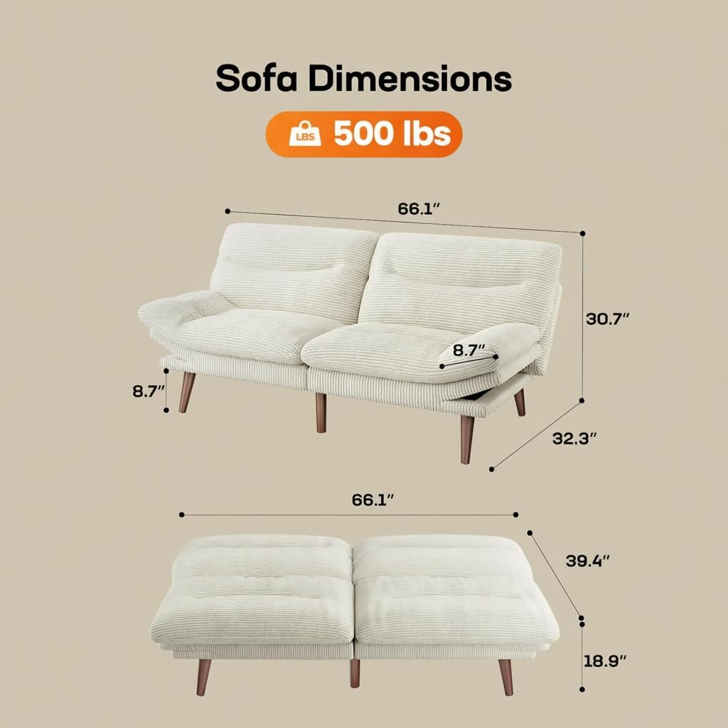 AMADA 66"Convertible Futon Sofa Bed, Corduroy Folding Futon Set with Adjustable Backrest &Armrests, Recliner Lounge for Living Room, Apartment or Office, Solid Wood Frame, Loveseat Sofa - Beige White