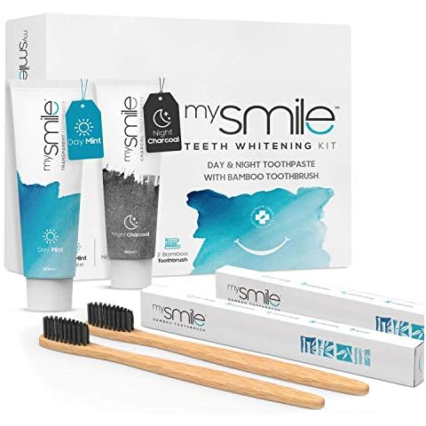 Teeth Whitening Toothpaste Kit (Day & Night) with 2 Bamboo Toothbrushes - Vegan - 60ml Each Aloe Vera & Activated Charcoal Toothpaste for Fresh Breath & White Teeth - Peroxide Free & Enamel Safe Cover