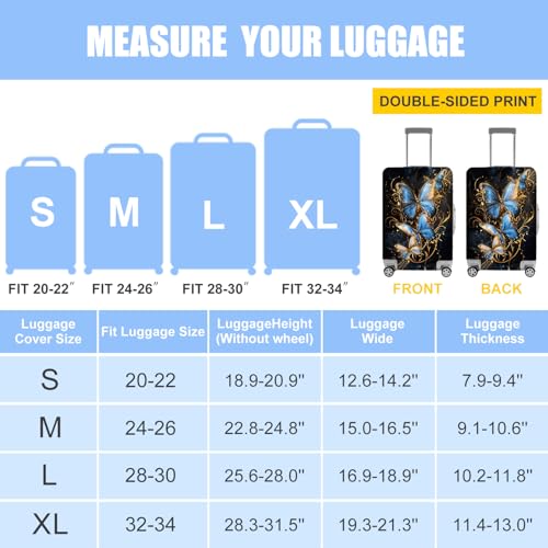 Image of Elegant Butterfly Luggage Cover for 20-22 Inch Suitcase - Blue and Gold Artistic Insect Design Travel Protector - Washable Stretch Suitcase Cover for Stylish Travelers,S