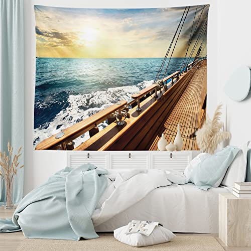 Ambesonne Nautical Tapestry, Sailboat In Mediterranean Waves At Sunset Sky Relax Yacht Wind Relax Scenery, Wide Wall Hanging For Bedroom Living Room Dorm, 60" X 40", Cream Blue #TOP5