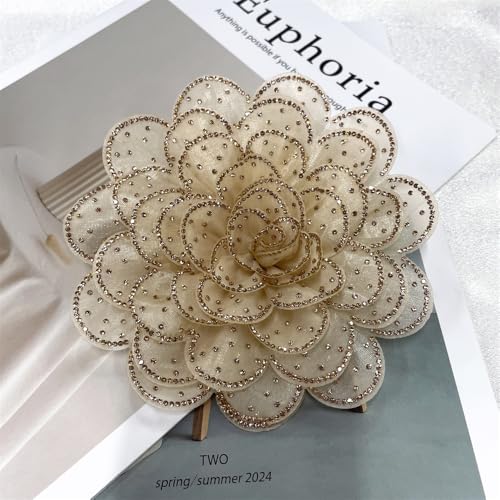 Image of Rhinestone Camellia Flower Big Brooch Lapel Pins for Women Fashion Crystal Fabric Floral Brooches Pin for Dresses Suit Accessories Jewelry Boutonniere Corsage Wedding Party 140mm