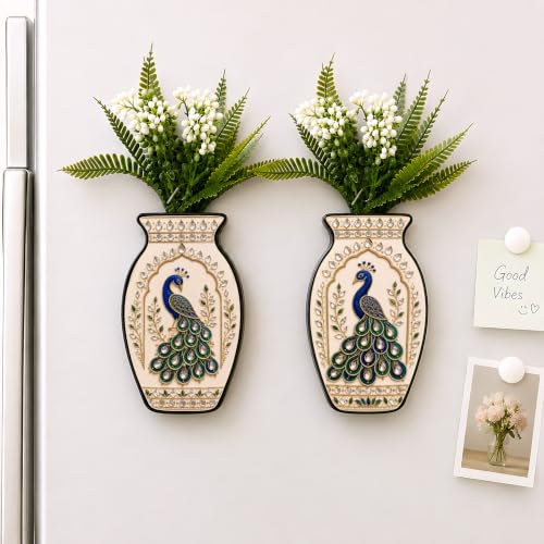 Image of Regalo Casila Magnetic Artificial Flower Vase Fridge Magnets Set of 2 Peacock Kundan Art Indian Ethnic Decorative Refrigerator Magnets Traditional Home Kitchen Office Decor Gift