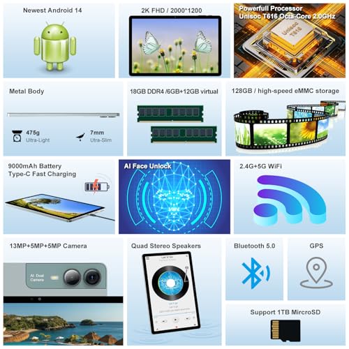 Image of 11 inch 2K Tablet with Keyboard Android 14 2000x1200 FHD IPS Display Tablets PC, Octa Core, 18GB RAM+128GB - Light Green