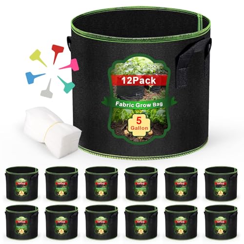 MEKOLIFE 5 Gallon Grow Bags 12 Pack - Thickened Nonwoven Aeration Planter Bags with Handles Plant Tags & Seedling Bags Heavy Duty Black Fabric Pots for Vegetable Gardening Garden Outdoor
