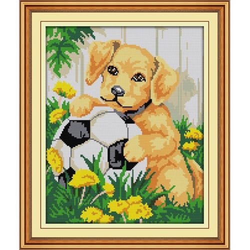 Image of JOYSEWING Pre Printed Counted Cross Stitch Kits DMC Classic Series Embroidery Starter Kits for Beginners DIY Gift Home Decoration 11CT 3 Strands - (Puppy and Football (Printed) 15.35 x18.11 inch)