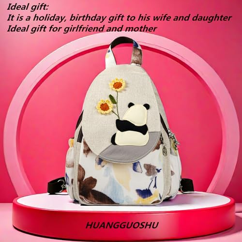 Image of Small Canvas Backpack, Retro Boho Washed Hippie for Women Daily Commute (Panda Decorations)
