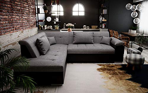 Tendencio Canapé d'angle Convertible LITO Design avec lit - Tissu et Simili Cuir (Gris et Noir)