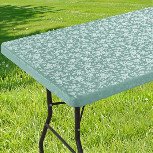 Image of Smiry Heavy Duty Vinyl Fitted Tablecloths for 8 Foot Rectangle Tables | Elastic Waterproof Fitted Tablecloths, Wipeable Washable Table Cover for Kitchen, Dining, Camping (Teal, 30 inch x 96 inch)