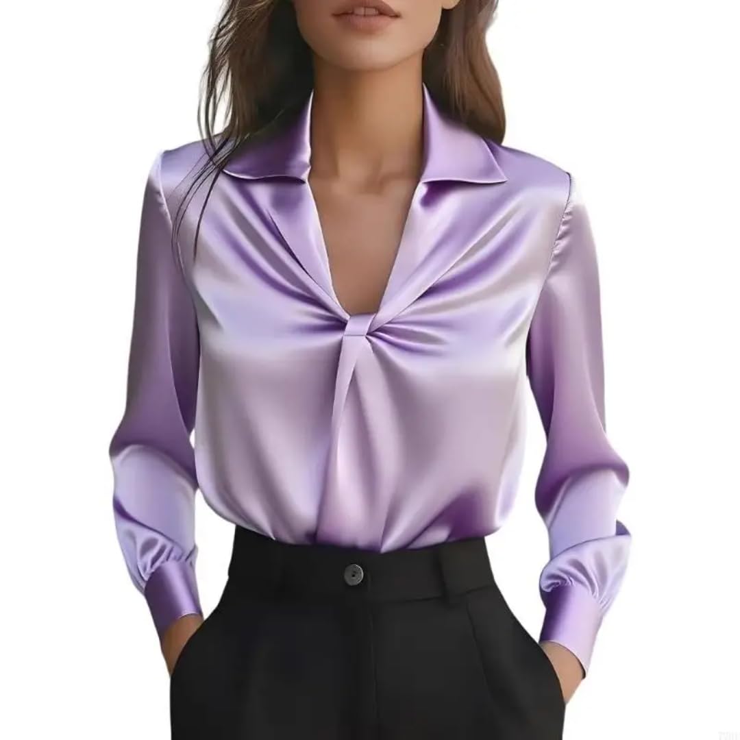 Chemises en Satin Femme Chemisiers à Manches Longues à col en V Chemisier décontracté Ample et habillé Tunique de Bureau Travail