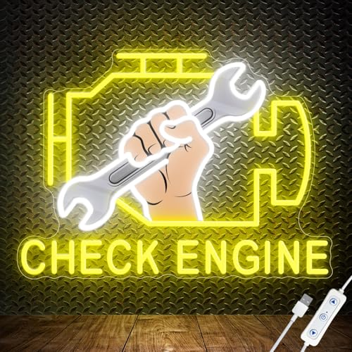 Check Engine Neon Signs for Wall Decor, LED Garage Neon Light Sign for Wall Decor, Christmas Gift for Dad, Boy, 15 * 11 inch USB Powered Neon Sign for Man Cave Auto Repair Shop Workshop Party