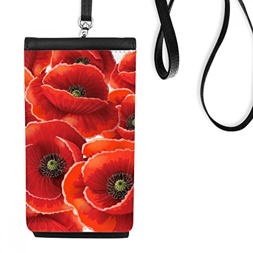 Smartphone bourse fleurs rouge art pavot suspendu en cuir noir