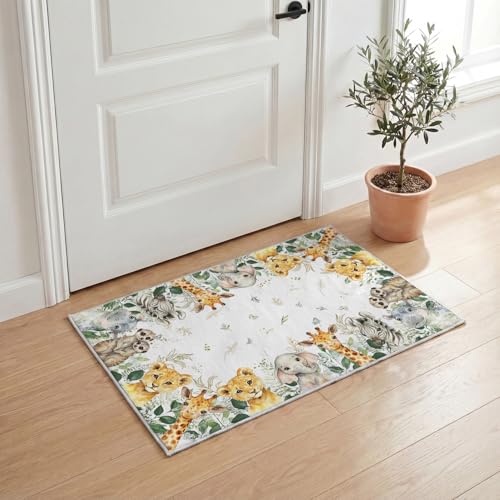 Artoid Mode Animals Elephant Giraffe Baby Shower Area Rug, Spring Birthday Home Decor Low-Profile Washable Door Mat for Entryway Bedroom Living Room...
