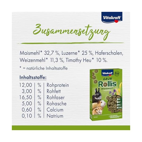 Vitakraft Grün Rollis, Knusperringe, Ergänzungsfutter für Nager, mit Luzerne und Wiesenlieschgras, unterstützen Verdauung und Zahnabrieb (1x 500g) – Bild 6