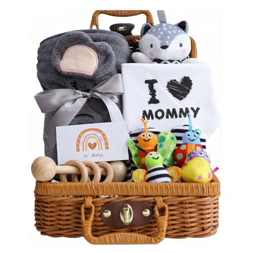 AKSHIRE 10-Piece Baby Gift Set – Newborn Baby Gifts & Baby Shower Gifts, Newborn Essentials with Blanket, Bibs, Wrist & Sock Rattles