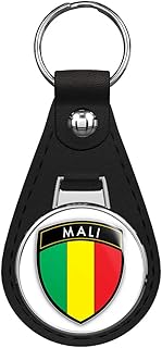 Mali Flag Shield Keychain Black Premium Leather Key Chain with Key Ring