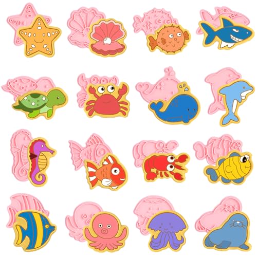 16 Pcs Under The Sea Cookie Cutter Set With Plunger Stamper Set, Ocean See Cookie Cutters, Sea Creature Cookie Cutter Set, 3D Marine Animals Shape Cookie Cutters For Baking Birthday