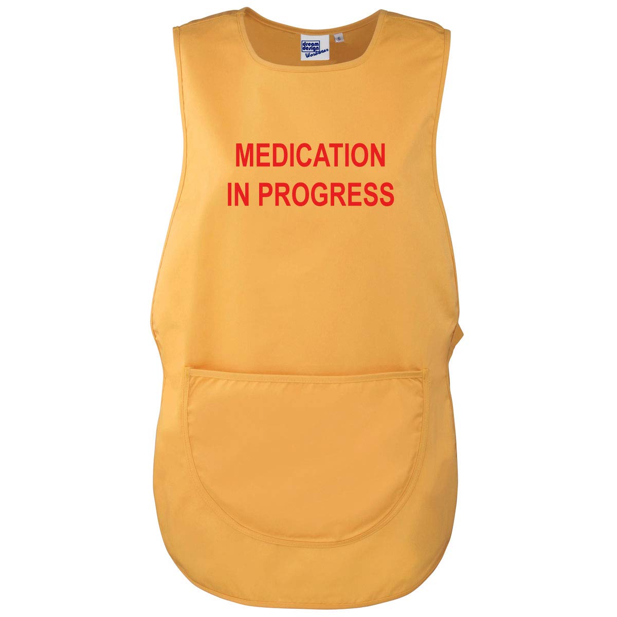 Workwear World 'Medication in Progress' Front/Back Printed Text Medical Care Home Tabard (Yellow with Red Print, S)