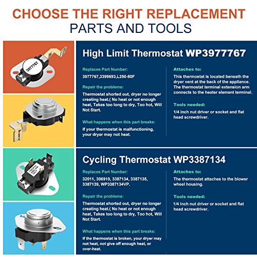 3977393 Dryer Thermal Fuse 3392519 Thermal Fuse 3977767 Dryer High-Limit Thermostat 3387134 Cycling Thermostat Kit,Compatible With Kenmore Elite 110 70 80 Series,Maytag Whirlpool Electric Gas Dryer #TOP2