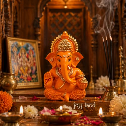 Image of JOY LAND Lord Ganesha Car Dashboard Idol | White & Gold Ganesh Murti for Car Dashboard, Home & Office Decor (Orange)