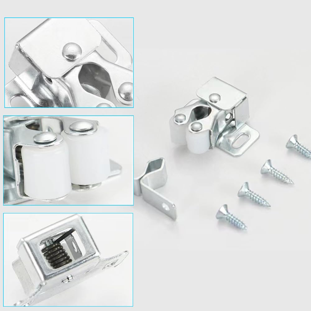 Paquete de 6 pestillos para gabinete, accesorios de cierre de doble rodillo para armario, armario, cocina, puertas y gabinetes de RV, color plateado