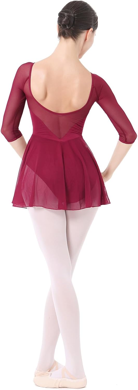 AFAVOM Women Ballet Dance Leotard Dress Lyrical Dance Costume Mesh Sleeve Skirted Leotard Elegant Classic Gymnastics Bodysuit