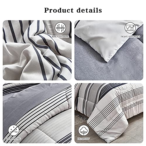 Flysheep Ombre Boho Striped Bed In A Bag 7 Piece Queen Size, Grey N Navy Black Stripes On White Comforter Sheet Set (1 Comforter, 1 Flat Sheet, 1 Fitted Sheet, 2 Pillow Shams, 2 Pillowcases) #TOP4