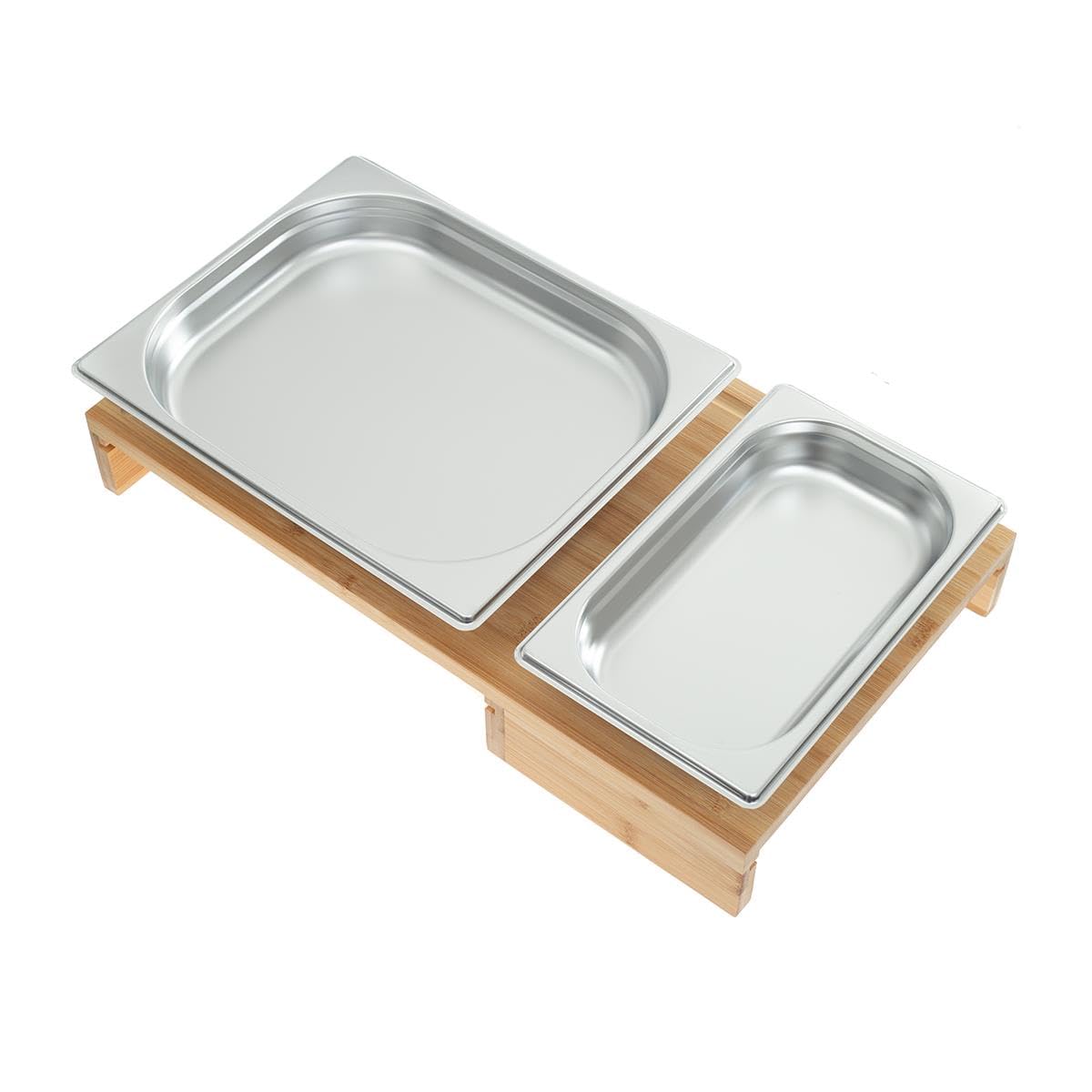 Bambus Schneidebrett 50,7x28x7 cm mit GN 1/2 & GN1/4 Behälter – Tranchierbrett aus Bambus, hygienisch & langlebig, mit herausnehmbaren Edelstahl-Auffangschalen zum sauberen Schneiden & Sammeln