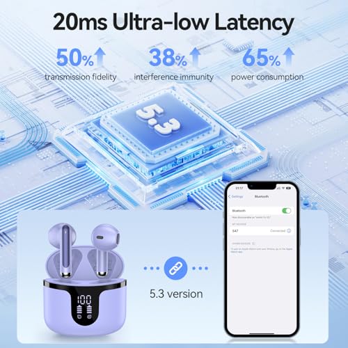 Image of BHNYBWUL Wireless Earbuds, 2025 Bluetooth 5.3 Headphones HiFi Stereo 50H Playback Ear Buds with Led Digital Display, ENC Noise Cancelling Earbuds for Laptop Computer, iOS, Android, Purple