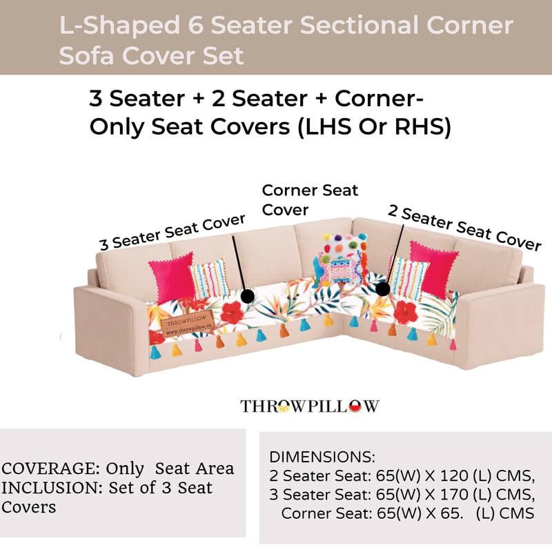 Image of Neutral Tropical Floral Sofa Cover Tassels: Modern 6 Seater Corner Sofa Protector: , Slip-Resistant & Stylish & Functional: Fits 3+2 Seater+Corner Sofa, Coverage: Seat- Set of 2 Seat Covers