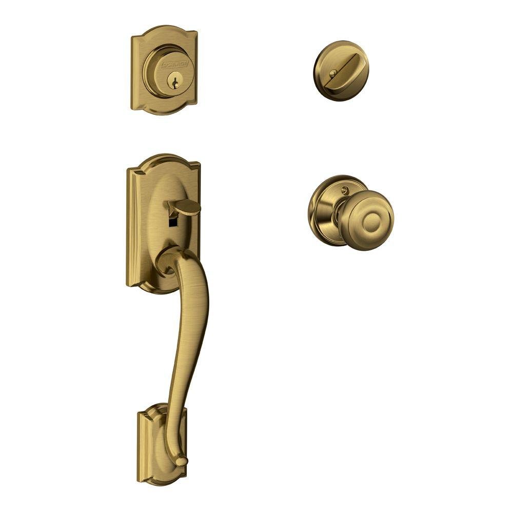 SCHLAGE Front Door Entry Handleset, Georgian Knob, Antique Brass