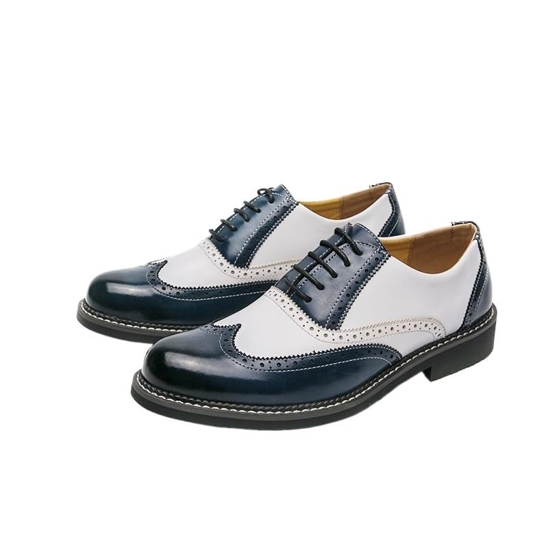 Blue White Two Tone Patchwork Loafers Shoes, British Trendy Dress Shoes, Luxury Genuine Leather Brogue, Soft Leather Lace-up Oxfords