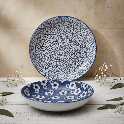 Image of Ceramic Pasta Plate, 20.4 cm Porcelain Dinner Plates, Microwave & Dishwasher Safe, Food Grade Ceramic, Deep Serving Plate for Pasta, Salad, Soup, Curry & Noodles (blue-and-white RANDOM MIX, PACK OF 2)