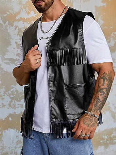 Men's Fringe Trim V Neck Sleeveless Button Down Party Vest Jackets2