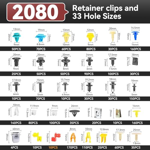 Image of 2080PCS Auto Retainer Clips Kit with Fastener Plier, Trim Removal Tools and 3-Layer Organizer Box, 33 Most Common Push Rivets for Car Bumper, Fender, Door Panel and Interior Repair