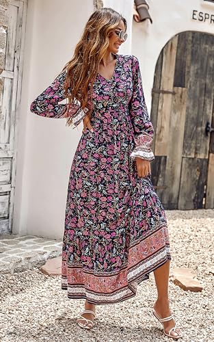 PRETTYGARDEN Long Sleeve Maxi Dress for Women V Neck Casual Button Down Boho Long Floral Dresses